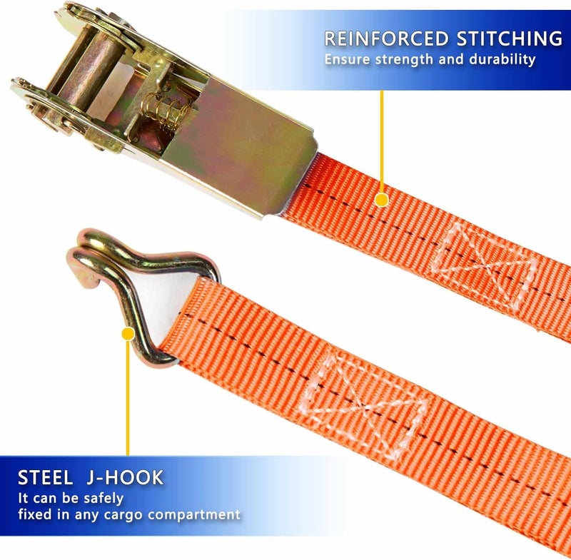Sweecomb Ratchet Straps (4-Pack), 1 Inch x 16.4 Feet (2200lb Break Strength) with Sturdy Metal Hooks, 1x Work Gloves, Heavy Duty Tie Down Straps for Truck, Cargo Trailer, Motorcycle, Luggage, Moving (Orange) - Image 4